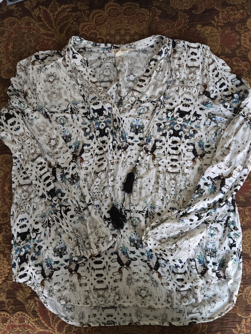 Tribal Jeans Women's White Floral Boho V-neck Blouse Button Top & Tassel Ties